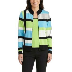 Ming Wang Lime Aqua Black Color Block 2 Piece Zipper Front Sweater Set Size S